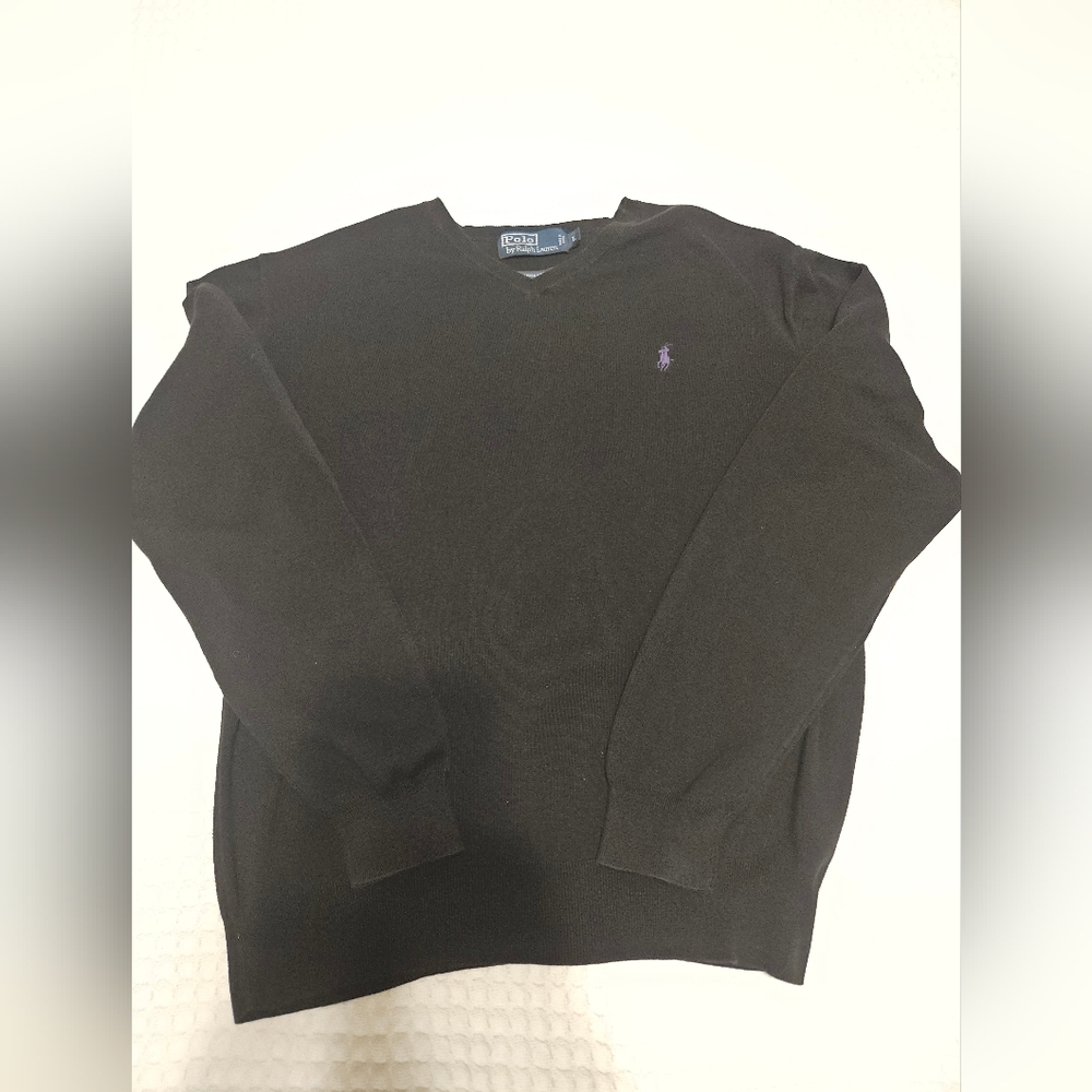 Polo Ralph Lauren Black V-Neck Pima Cotton Sweater Embroidered Logo Men's Size L